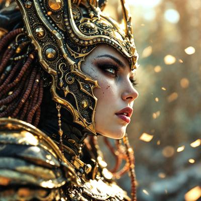 The primary subject of the image is a woman wearing a gold and black costume, which includes a helmet and a necklace. She is looking directly at the camera, with a focused expression. The setting is a forest, with trees visible in the background. The visual style is a combination of photo and digital art, creating a unique and intriguing image. The colors are predominantly gold and black, giving the scene a bold and striking appearance.